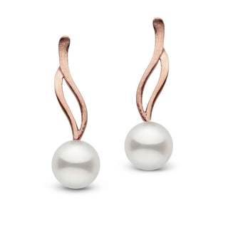 Elegant white freshwater pearl earrings with rose gold curved design hooks, showcasing the Wisp Collection 7.5-8.0 mm Freshadama Pearl Earrings.