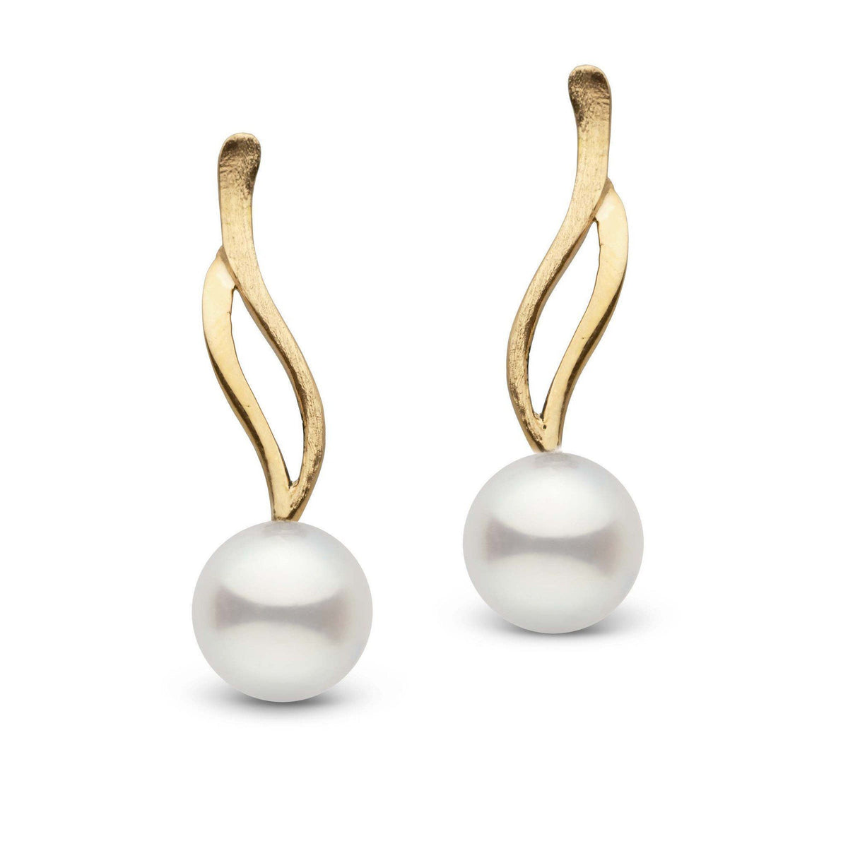 Elegant Wisp Collection 7.5-8.0 mm Freshadama Pearl Earrings featuring lustrous white freshwater pearls set on delicate, flowing gold hooks for a refined and timeless look.