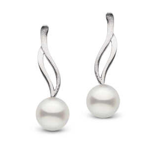 Wisp Collection 7.5-8.0 mm Freshadama Pearl Earrings featuring lustrous white freshwater pearls suspended from elegant, flowing 14K white gold hooks in a minimalist design.